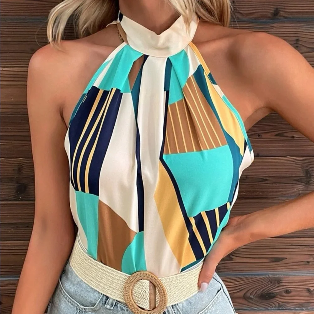 Boho geo print tie back halter top